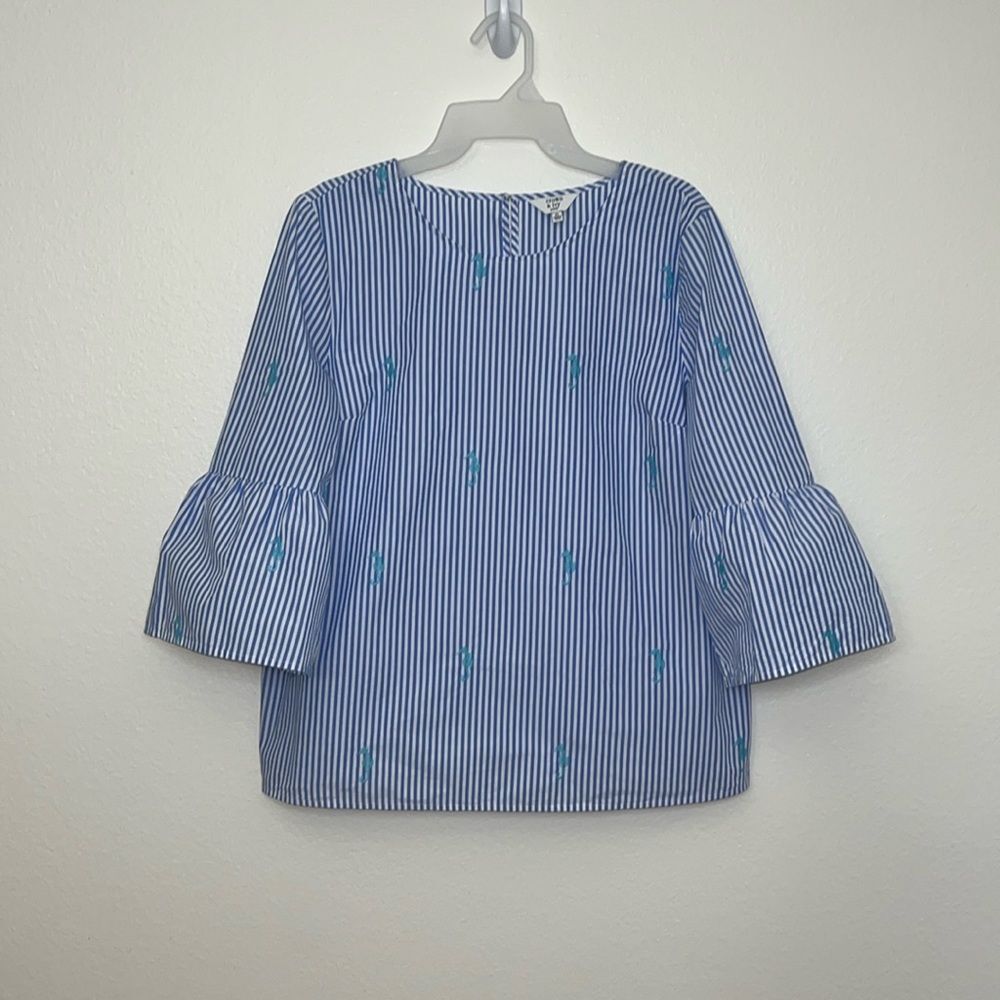 Crown & Ivy Size L Petite Blouse Blue White Stripe Seahorses Gateway To Bali